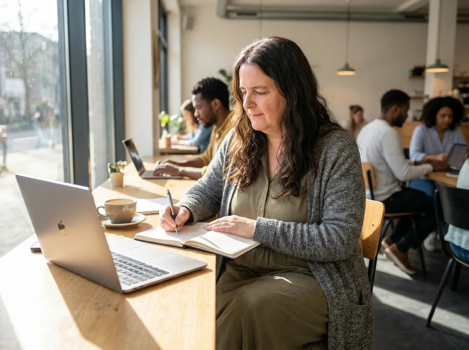 Steff writing in a cafe