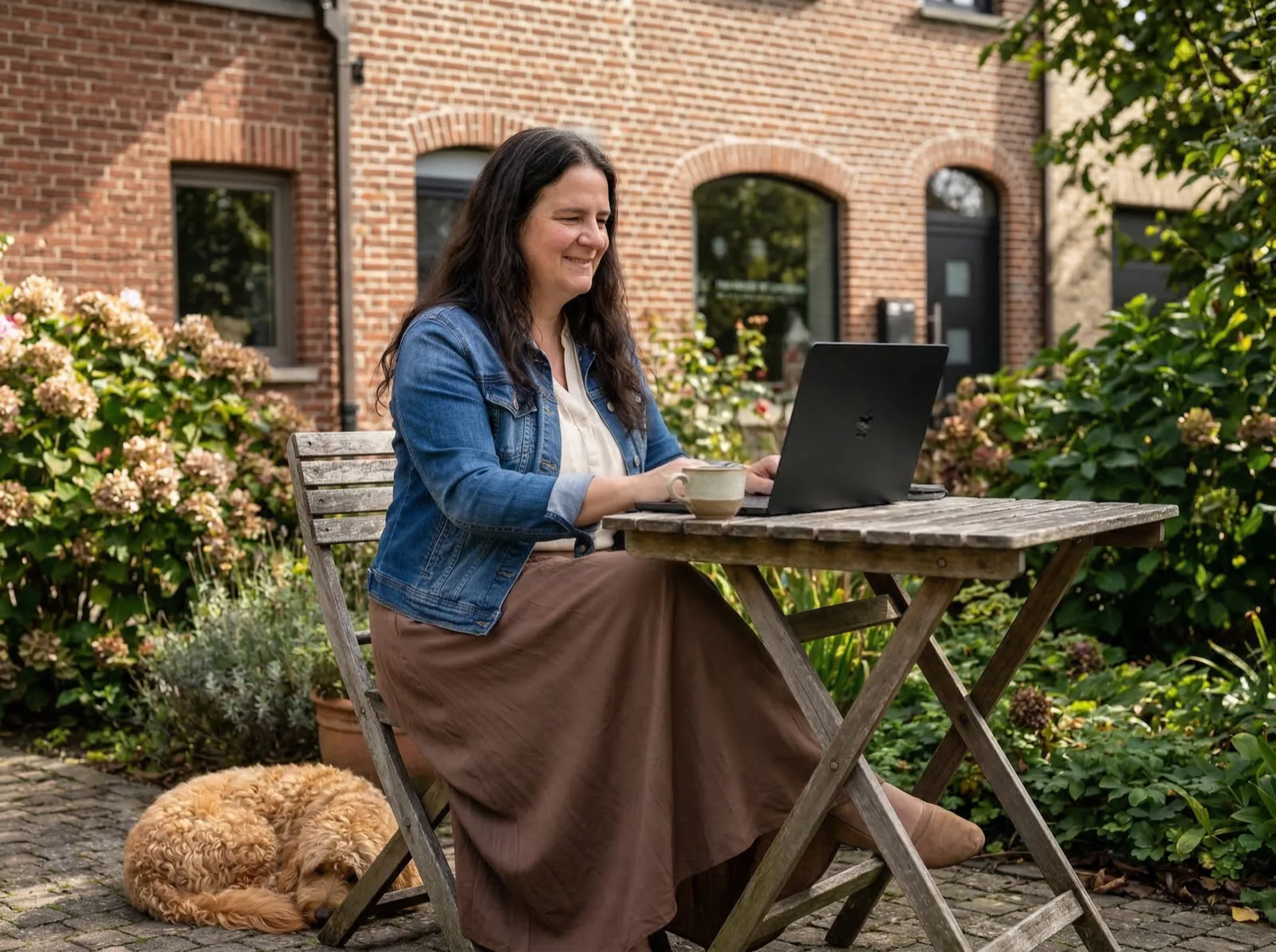 Steff working on her laptop in the garden