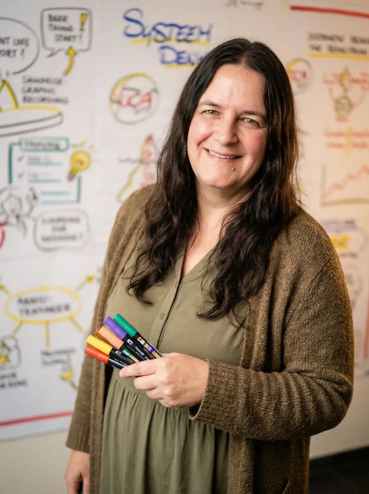 Steff with a marker: where ideas hit the whiteboard